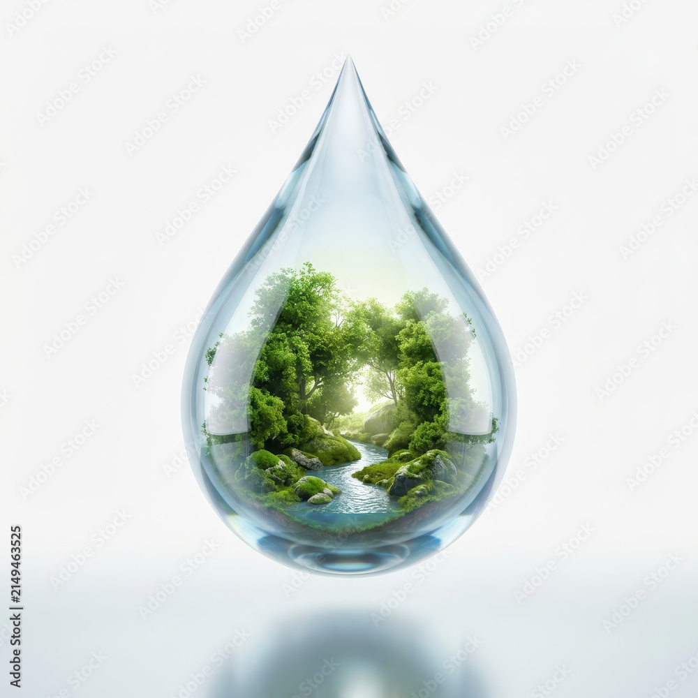 Obraz premium Subtainability Soft 3D Illustration soft 3d illustration of sustainability in clear water drop with green forest and stream
