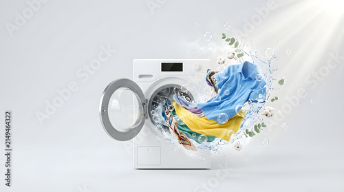 Front load washing machine with water splash and colorful clothes.