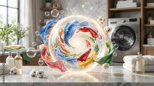 Swirling colorful clothes in washing machine bubble in laundry room.