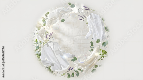 Top view of spa products and eucalyptus in circle.