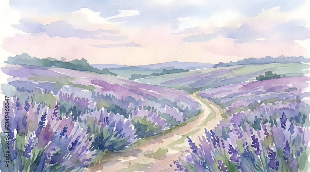 Obraz premium Watercolor painting of lavender fields in rolling countryside landscape.