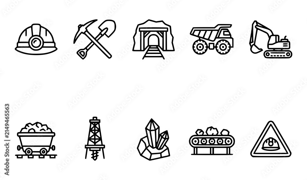 Fototapeta premium Mining Industry Line Icons Set Black and White Minimal Outline SVG Vector Collection
