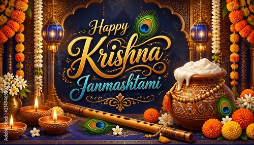 Happy krishna janmashtami celebration with traditional items