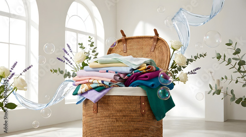Wicker laundry basket with colorful clothes lavender and soap bubbles.