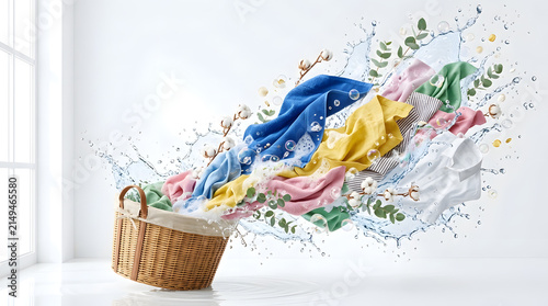 Wicker laundry basket with colorful clothes splashing in water.