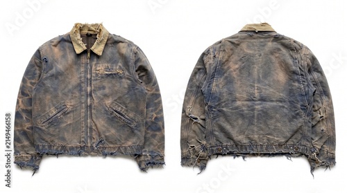 Konstfotografi Front and back view of a vintage distressed brown work jacket.