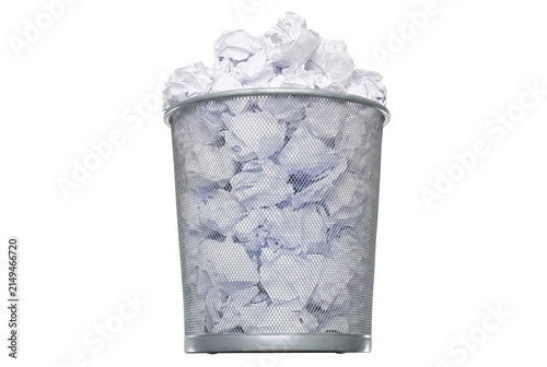 Fotografie Silver Metal Mesh Wastebasket Overflowing with Crumpled White Paper