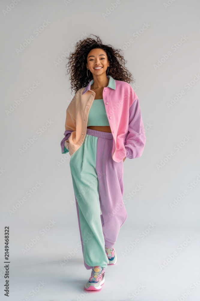 Fototapeta premium Smiling woman in colorful pastel outfit walking confidently indoors.