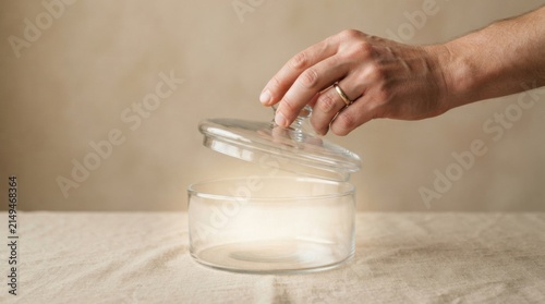 Person lifting a transparent lid from a glass jar to place a candle inside representing intangible business value and care