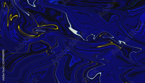 Swirling deep blue liquid abstract background with vibrant yellow marble streaks