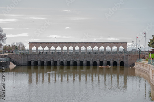 A bridge built over a river.