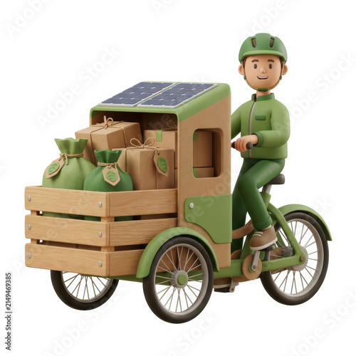 Subtainability Soft 3D Illustration sustainable soft 3d illustration delivery cyclist with solar cargo tricycle