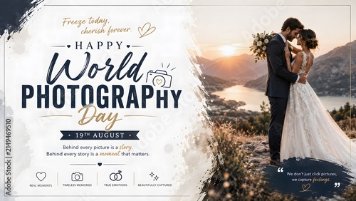 Elegant wedding couple embracing during a golden sunset while celebrating world photography day with artistic typography and a professional promotional layout