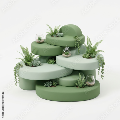 Subtainability Soft 3D Illustration soft 3d illustration of sustainability green plant display with succulent and fern