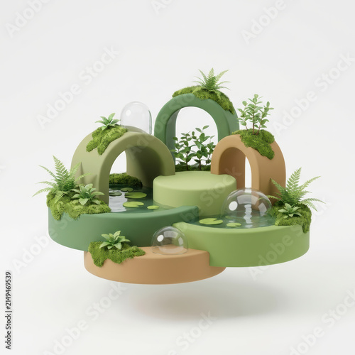 Subtainability Soft 3D Illustration sustainable soft 3d illustration of green arch garden with moss pond and leaf sphere