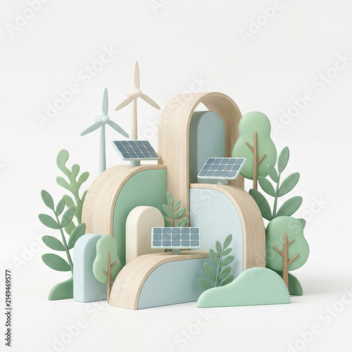 Subtainability Soft 3D Illustration sustainability soft 3d illustration of eco city with solar panel and wind turbine