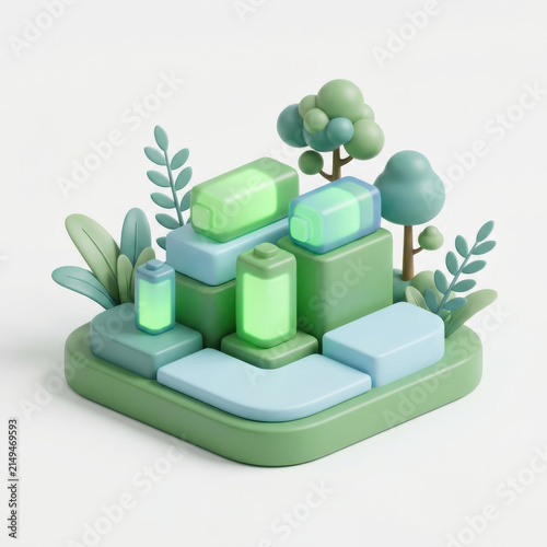 Subtainability Soft 3D Illustration soft sustainable 3d illustration of eco battery blocks with plants and trees