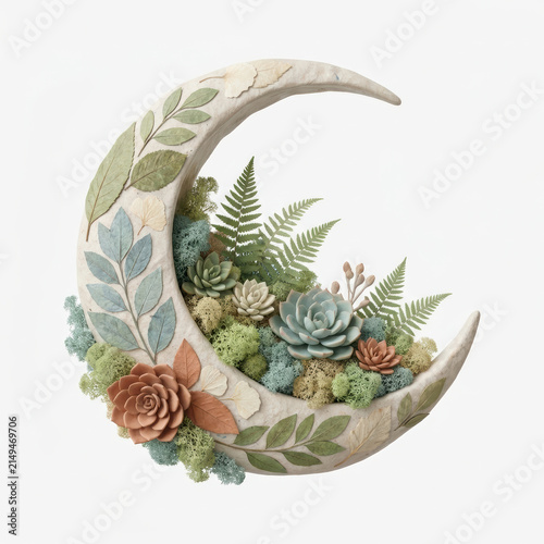 Subtainability Soft 3D Illustration soft 3d illustration sustainability crescent moon with leaf and succulent garden