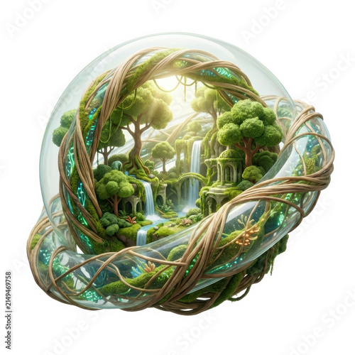 Subtainability Soft 3D Illustration soft 3d illustration of sustainable glass orb with lush forest and waterfall