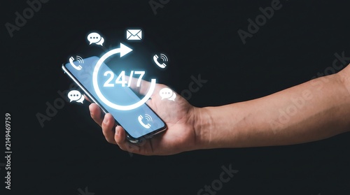 247 customer support concept, a hand holding a smartphone with glowing icons representing communication channels like phone, email, and chat