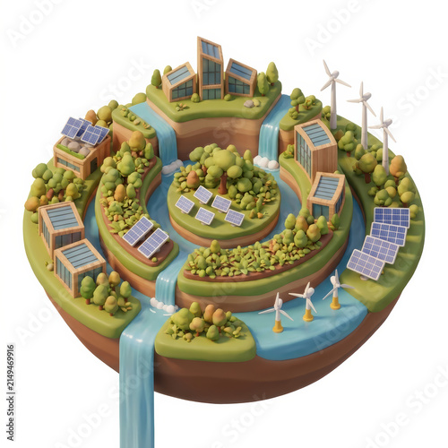 Subtainability Soft 3D Illustration sustainability soft 3d illustration eco island with solar panel and wind turbine, green energy concept