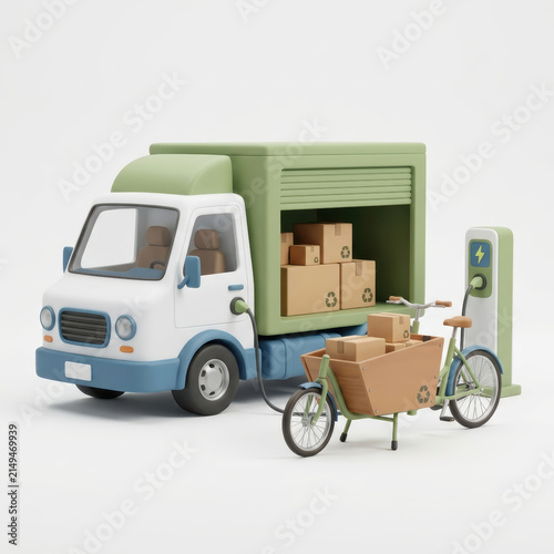 Subtainability Soft 3D Illustration soft 3d illustration of sustainability delivery truck and cargo bicycle at charging station