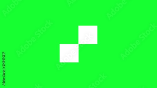 Pixel loading animation with two white squares blinking sequentially on green screen background. Modern minimalist preloader graphic overlay for UI UX.