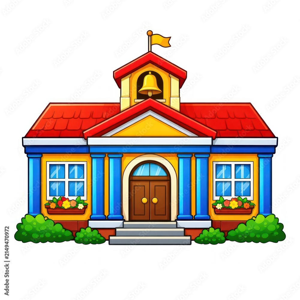 Fototapeta premium Colorful cartoon school building with red roof and bell tower.