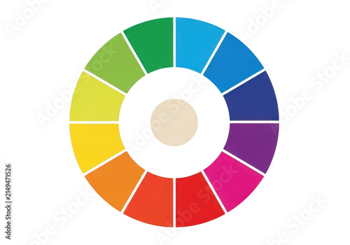 A circular color wheel diagram featuring twelve distinct segments of the rainbow spectrum arranged around a central beige circle on a solid black background