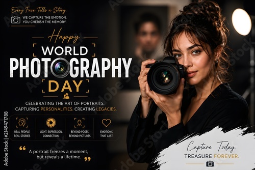 Professional female photographer holding a camera during world photography day celebration with artistic typography and elegant black and gold design elements