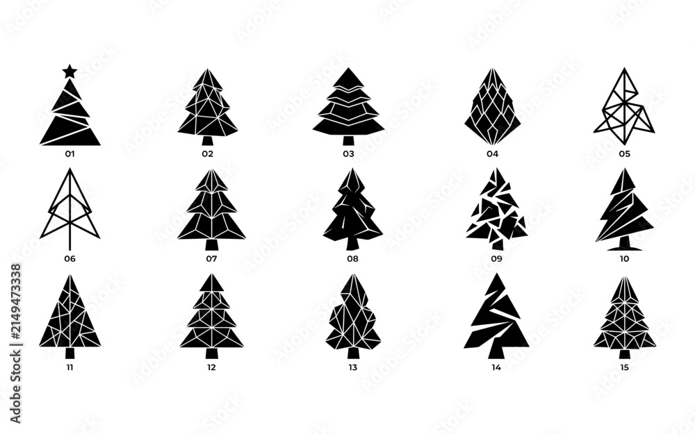 Obraz premium Set of fifteen abstract geometric christmas tree icons in black on a white background for holiday design