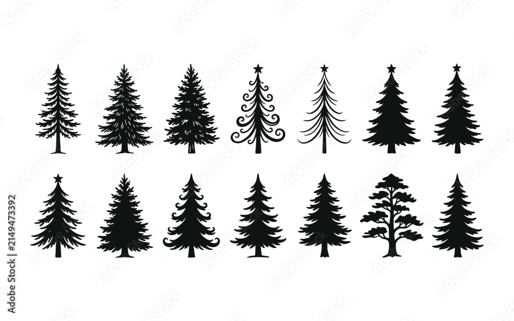 Obraz premium Set of various black silhouettes of christmas trees and pine trees isolated on a white background