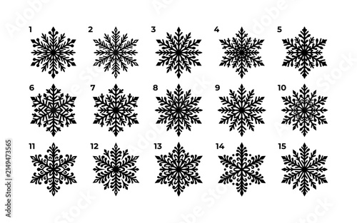 Set of fifteen unique black snowflake silhouettes isolated on a white background for winter holiday design projects