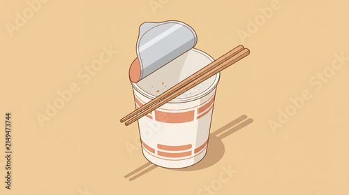 Empty instant noodle cup with chopsticks on pastel background  
