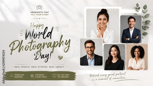 Happy world photography day creative collage featuring diverse professional headshots with elegant typography and botanical elements on a light background