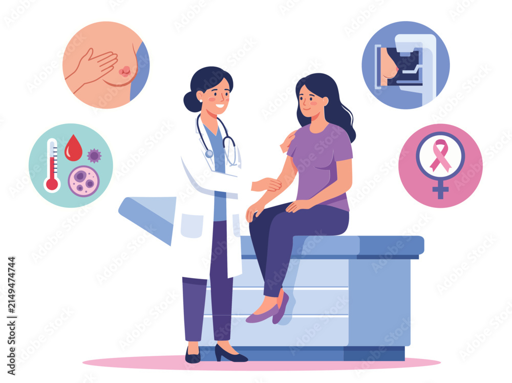 Fototapeta premium medical infographic female doctor examining patient breast cancer swelling shield health care medicine clinic hospital