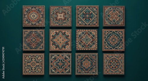 Intricate antique tiles display intricate geometric patterns in rich warm colors