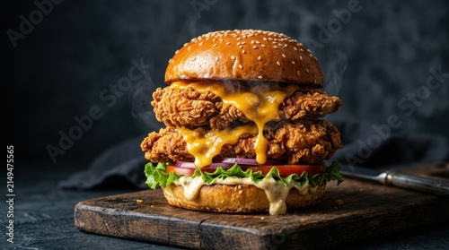 Delicious double crispy fried chicken burger with melted cheddar cheese, fresh lettuce, red onion, tomato, and sauce served hot with steam on a rustic wooden board in a dark setting.