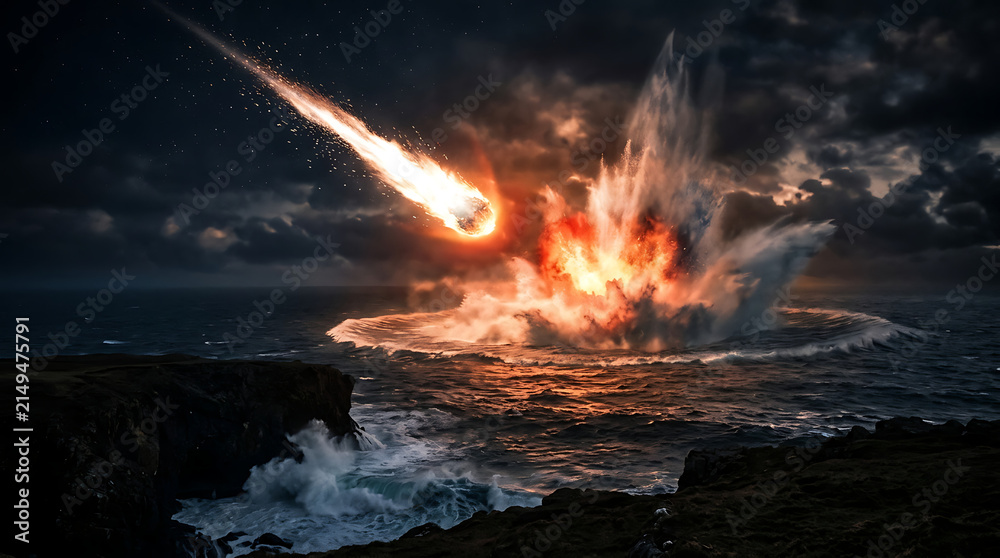 Fototapeta premium Meteorite Impact with Fireball and Explosion over Ocean