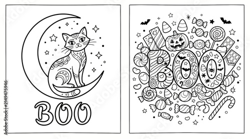 Set of two halloween coloring pages featuring a decorative cat on a moon and spooky candy text