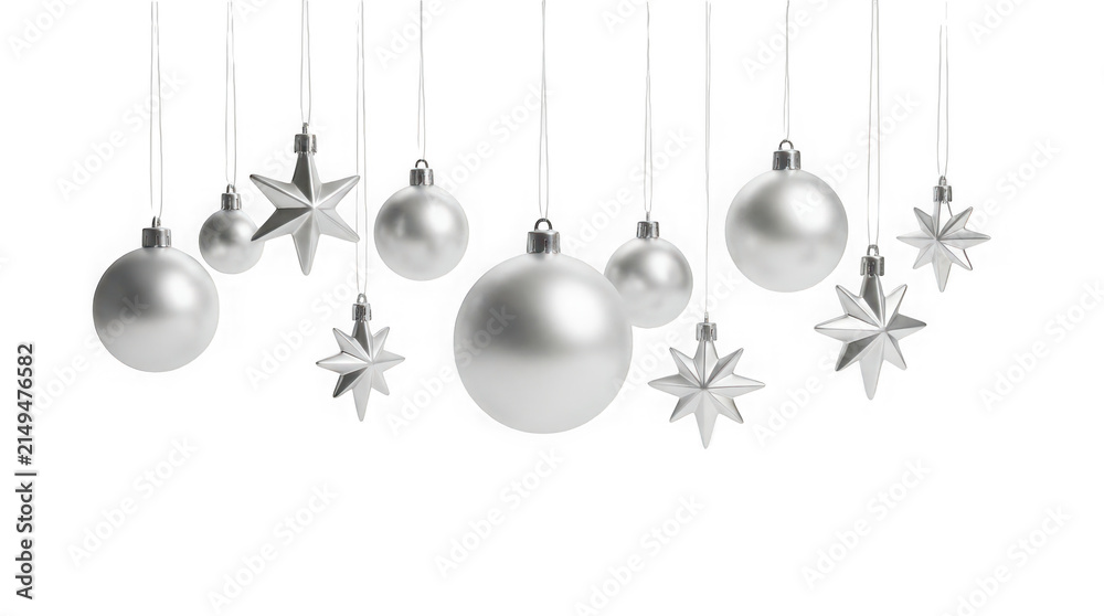 Obraz premium Silver christmas ornaments balls and stars hanging isolated on transparent background