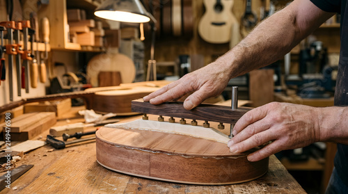 Luthier hands working on a handcrafted acoustic guitar body using a specialized bridge clamp in a traditional woodworking studio, focusing on precision instrument making and craftsmanship.