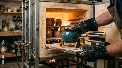 Potter wearing heat-resistant gloves removes a teal glazed ceramic bowl on a shelf from a glowing hot gas kiln in a professional pottery studio, showcasing the artisanal firing process and craft.