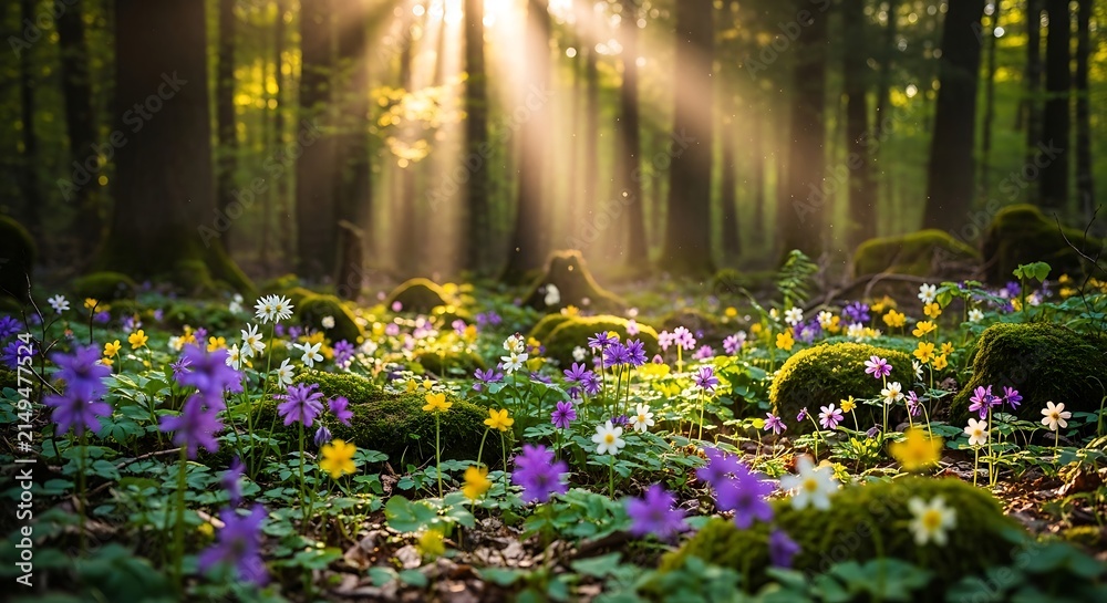 Obraz premium Sunlight streaming through trees in a spring forest clearing with sunlight