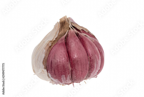 Foto Single Purple Garlic Bulb with Partially Peeled Skin