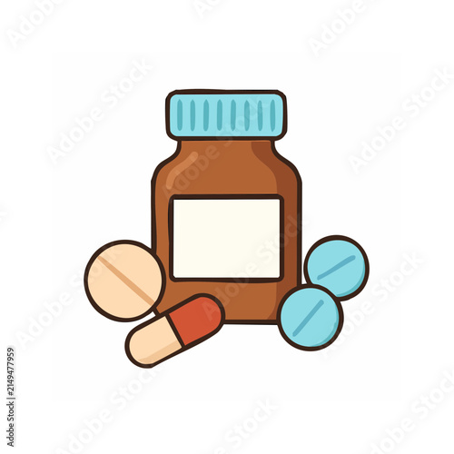 Medicine Bottle with Pills and Capsule Vector Illustration.