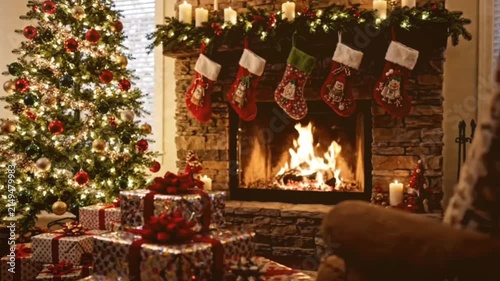 Cozy christmas evening scene with crackling fireplace glowing warmly a decorated christmas tree standing tall and beautifully wrapped presents awaiting under its branches.