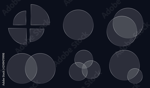 Dark background glassmorphism Venn diagram circular infographic set for financial data visual presentation template design project