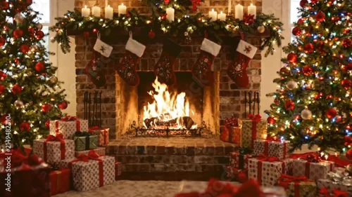 Cozy christmas fireplace burning with warm glowing flames surrounded by two decorated pine trees and various wrapped gift boxes in festive decorated living room.