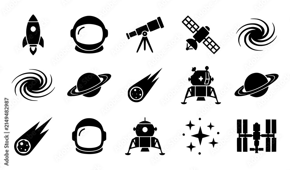 Fototapeta premium Set of black and white space exploration icons featuring rockets planets astronauts and celestial bodies for design